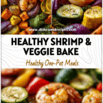 Close-up of baked garlic shrimp surrounded by roasted vegetables on a sheet pan for an easy seafood dinner.